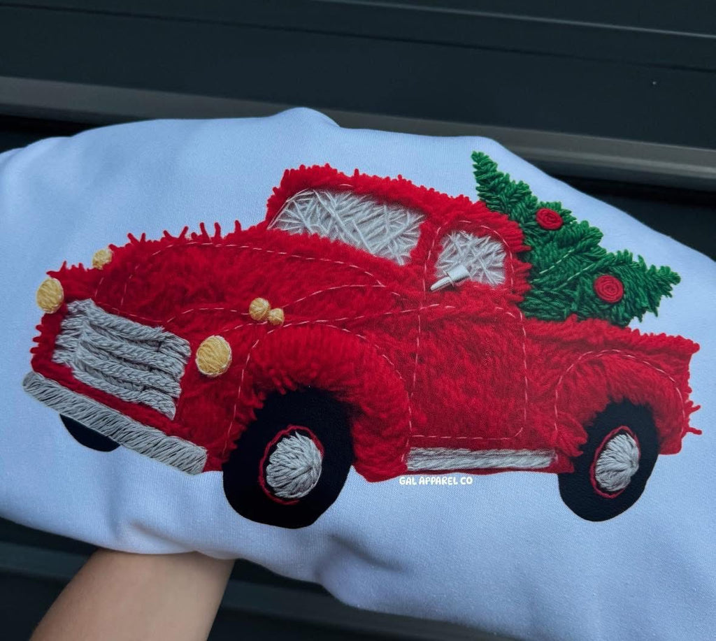 Red Christmas truck faux yarn tee or sweatshirt