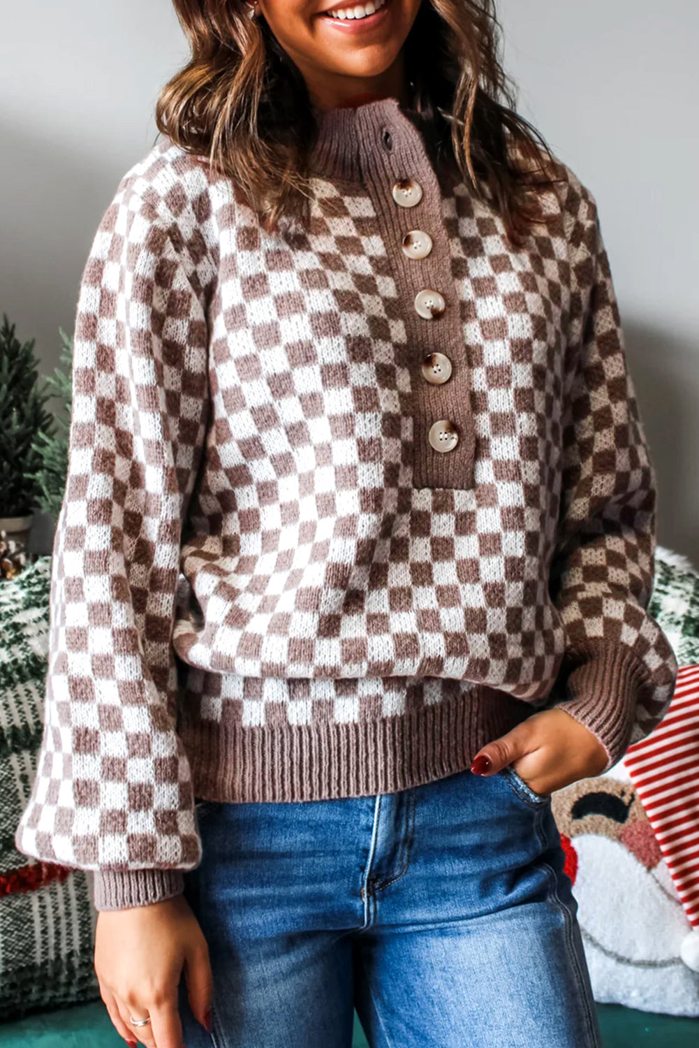 Brown Checkered Knit Sweater RTS