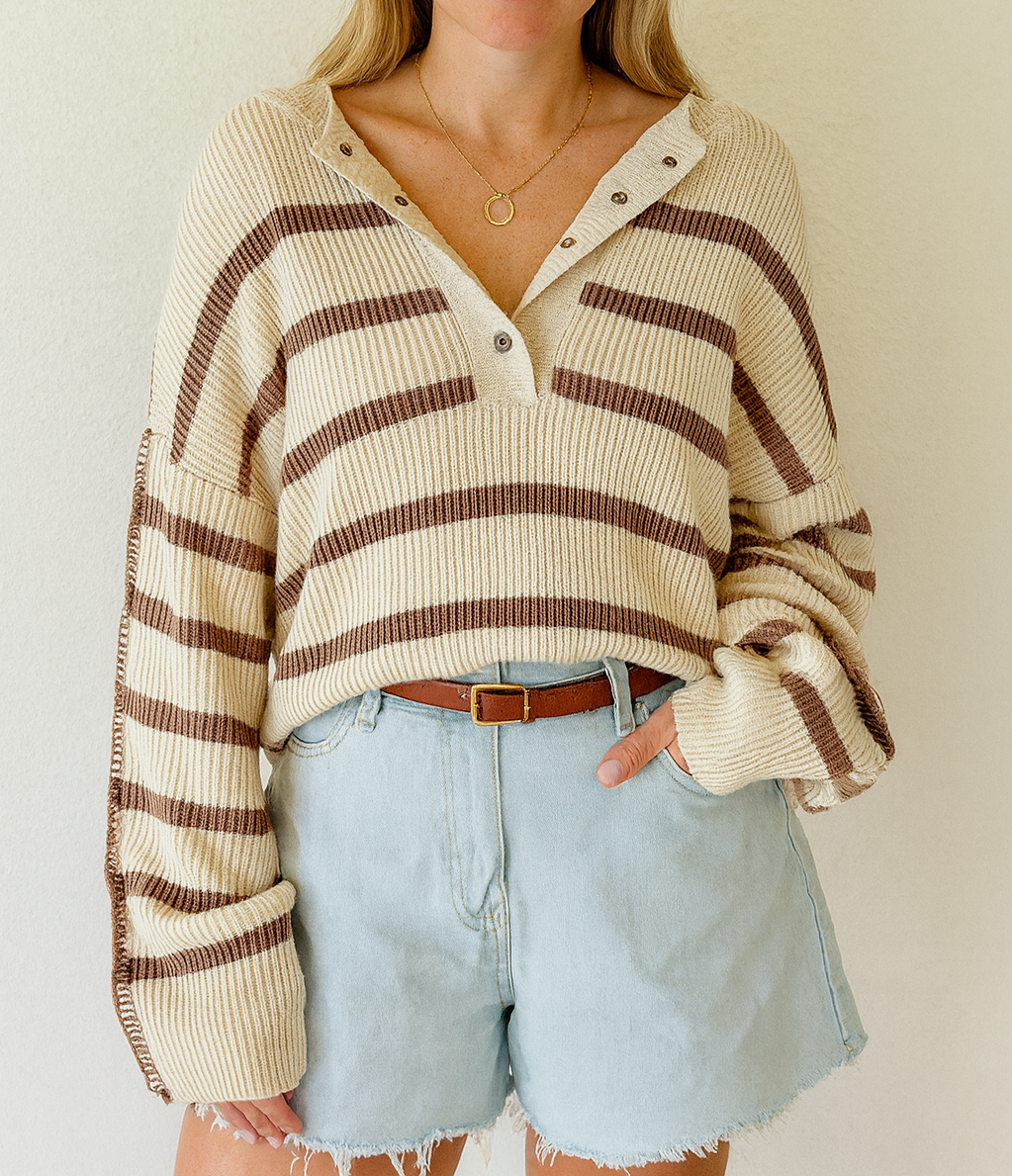 Brown Stripe Ribbed Henley Sweater RTS