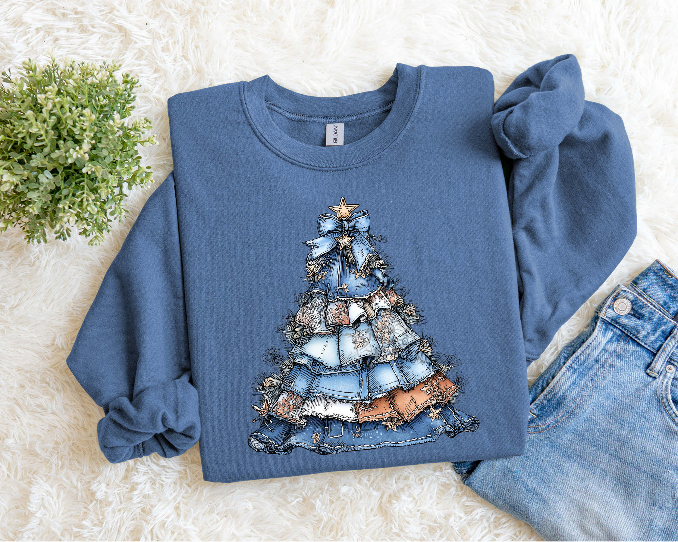 Denim Patchwork Christmas Tree Sweatshirt.