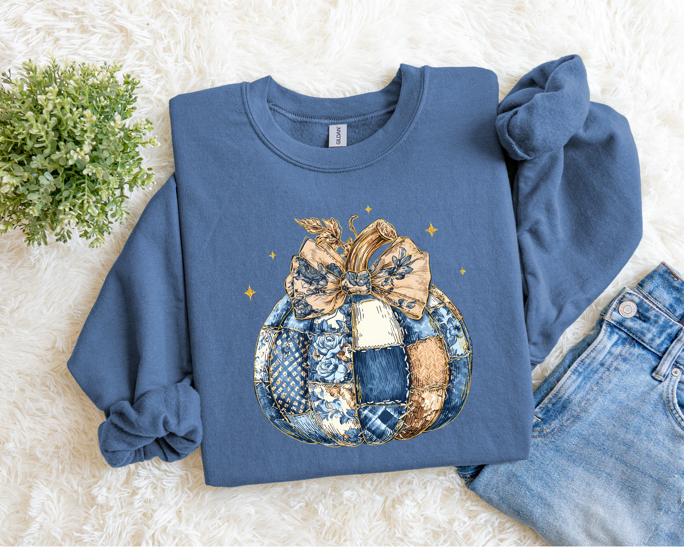 Denim Patchwork Pumpkin Sweatshirt.