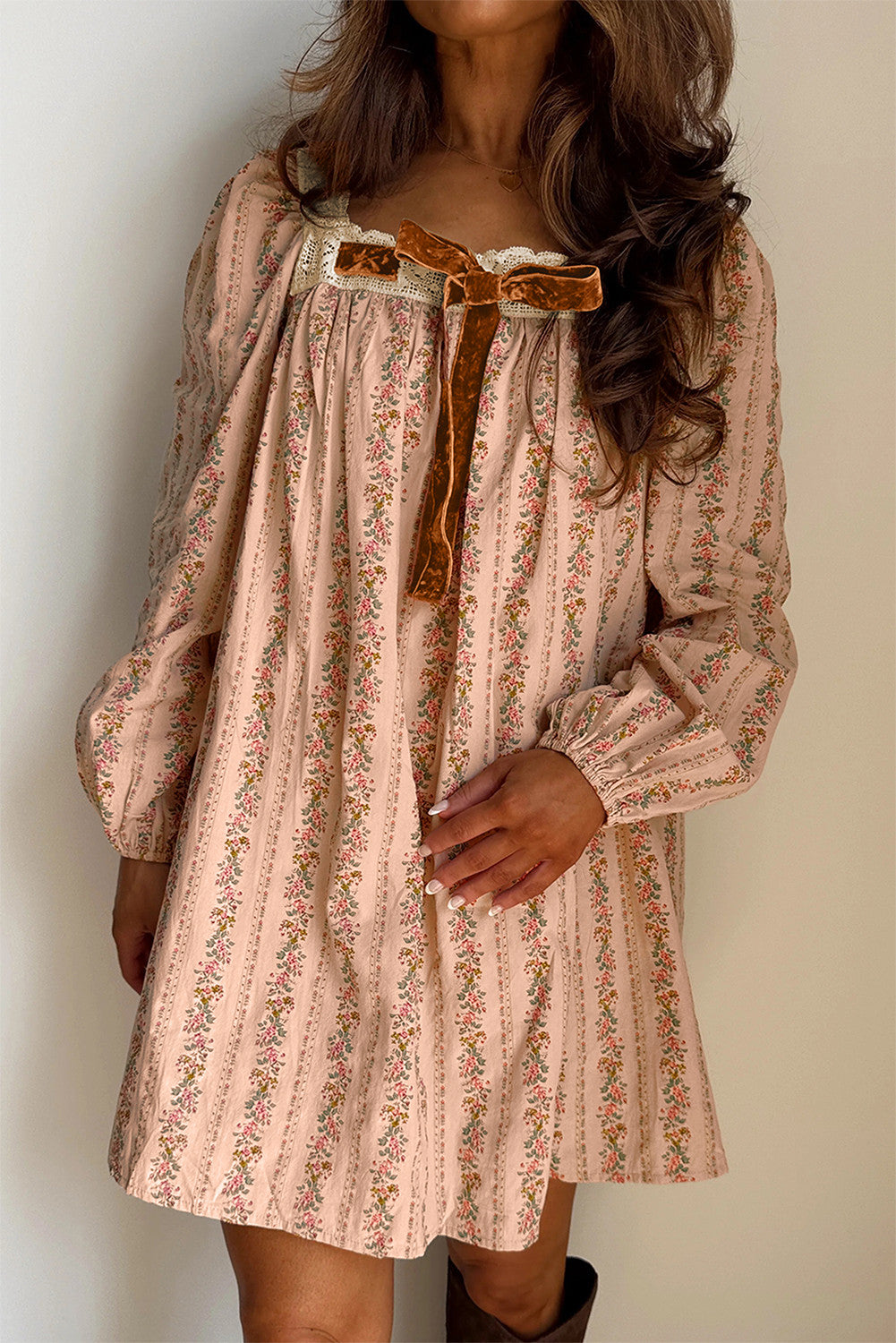 Floral Velvet Bow Loose Mini Dress RTS