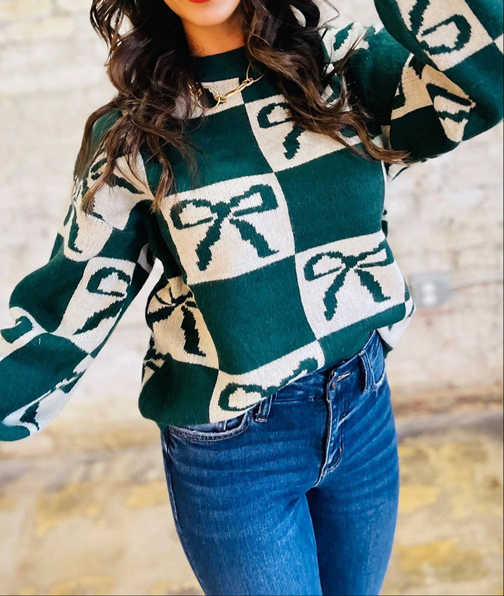 Green Checkered Bow Sweater RTS
