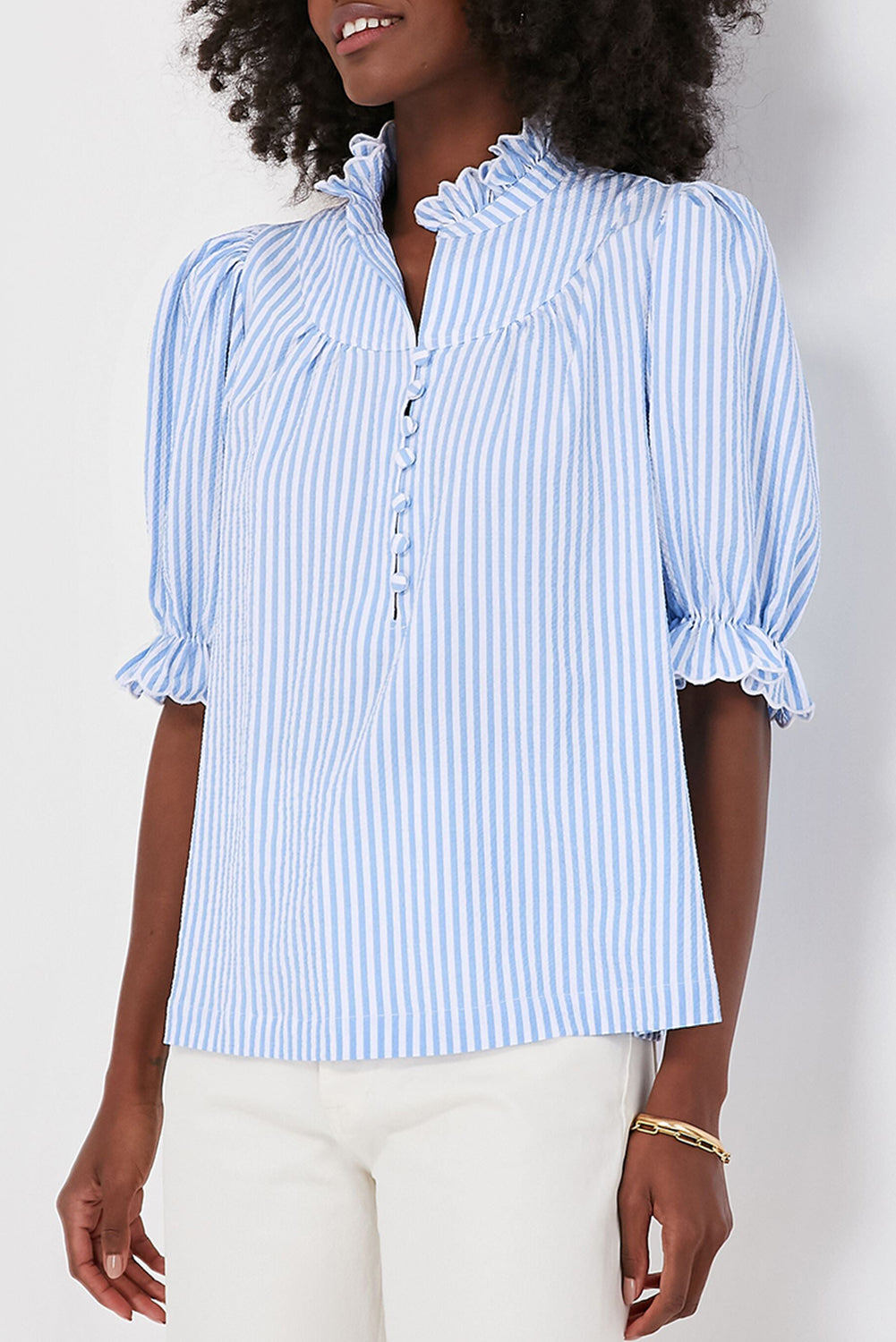 Blue Stripe Ruffle Collar Blouse RTS