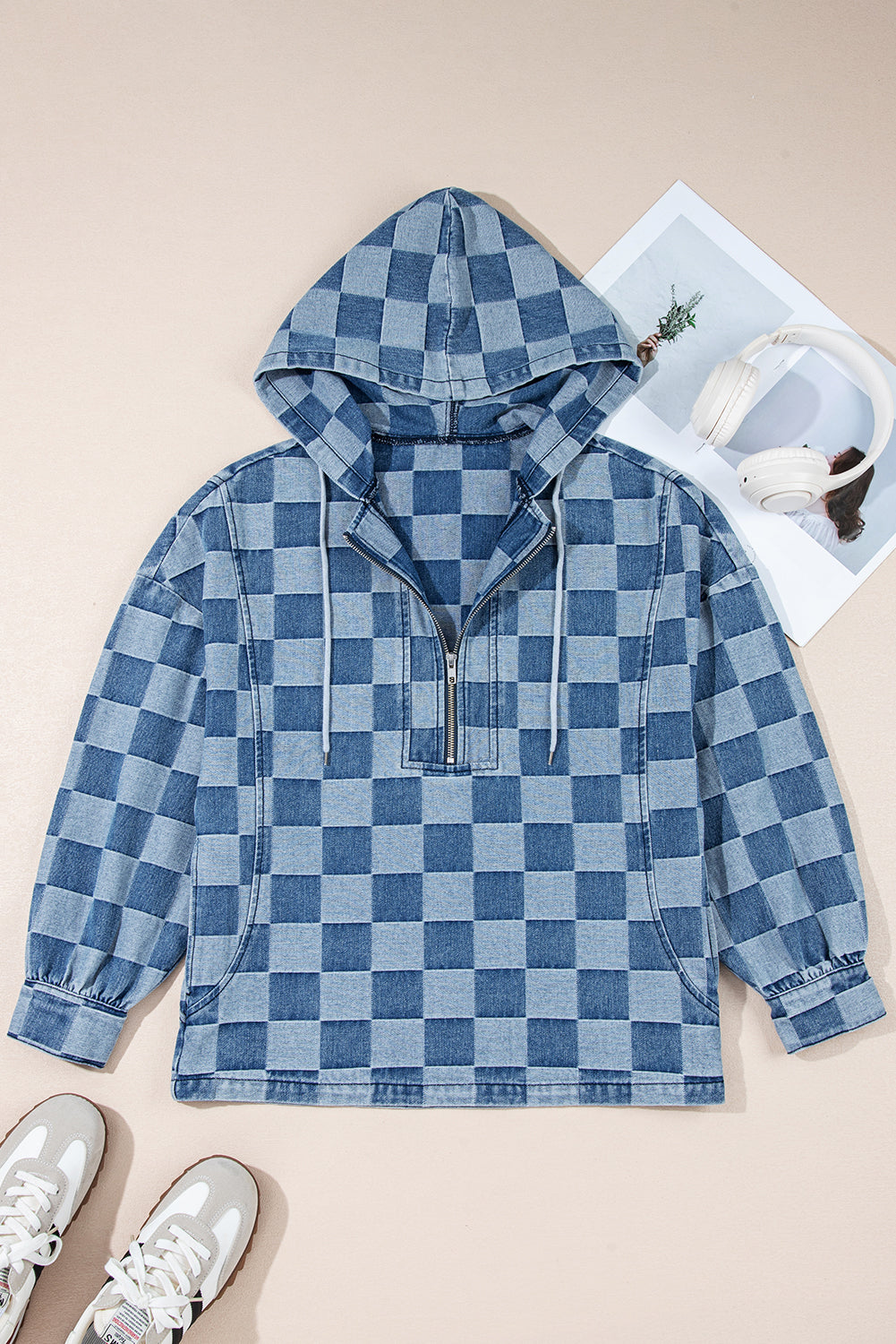 Blue Checkered Denim Hoodie RTS